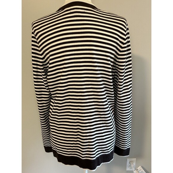 LAND’S END Brown/White Striped Knit Cardigan Button Up with Pockets Women’s L - Picture 5 of 8